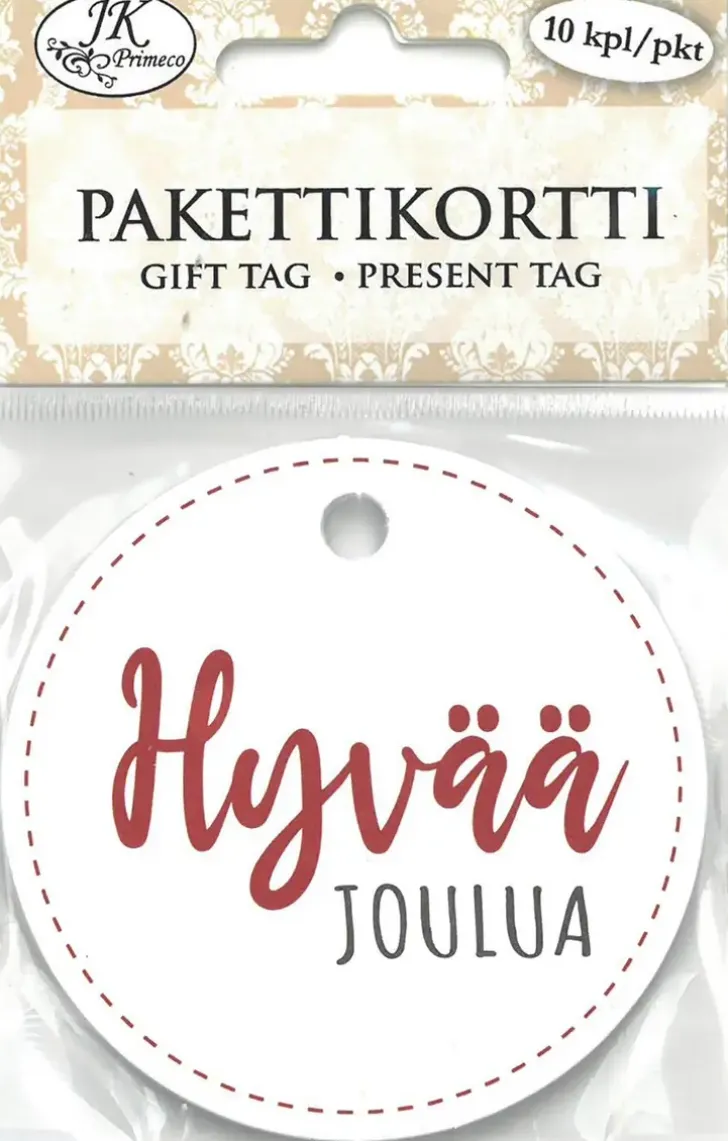 J.K. Primeco Pakettikortti Pyorea Jouluteksti Valkoinen 10 Kpl