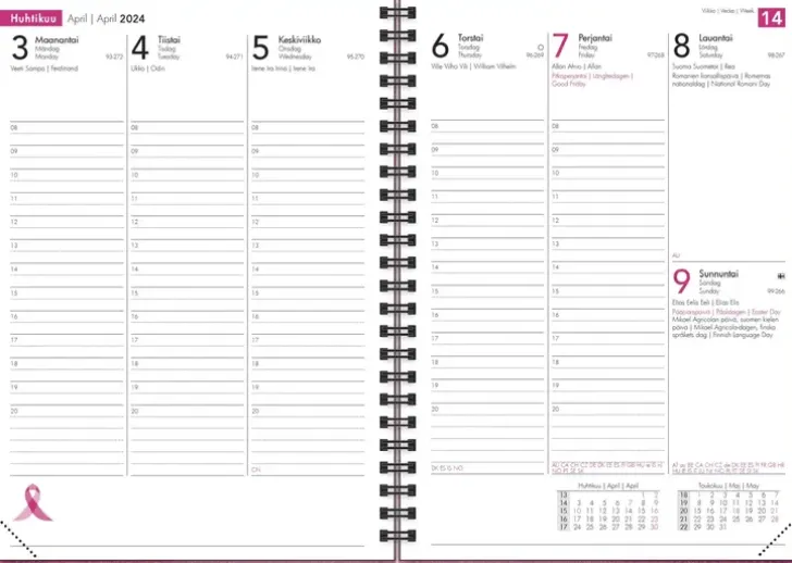 Vuosikalenteri Roosa Nauha A5 2024